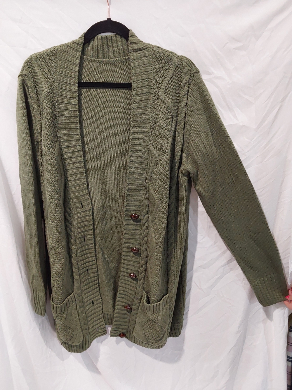 Open-Front Olive Green Cable Knit Cardigan